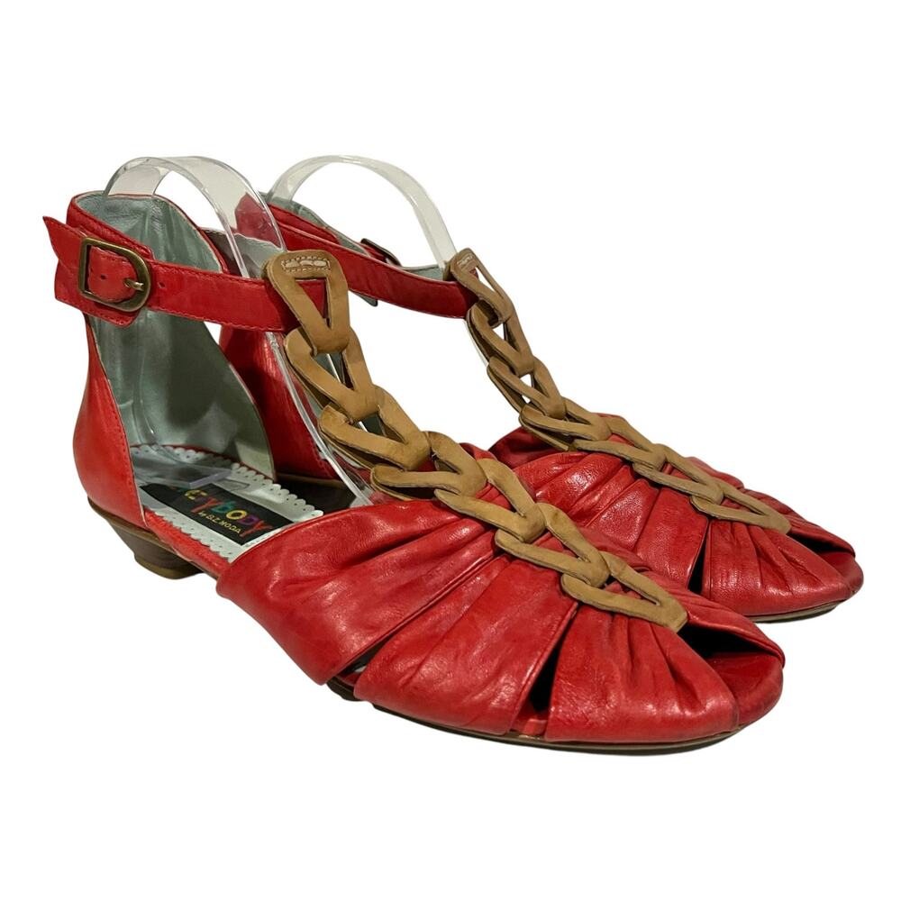 Everybody by BZ Moda Sandals Womens EU 40.5 Red & Tan Leather Heels Ankle Buckle